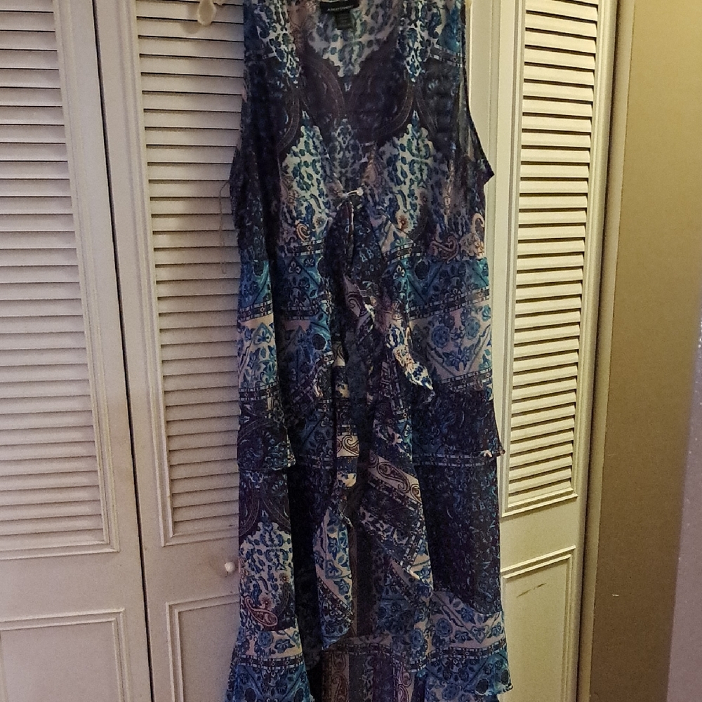 Ashley Stewart Teal and Navy Printed Tiered Maxi Top